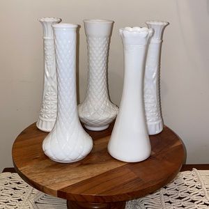 Lot of 5 vintage white milk glass bud stem vases wedding decor